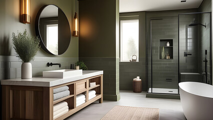 Bathroom interior with olive-colored walls.