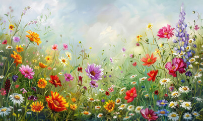idyllic wildflower meadow painting with soft sunlight and a mix of colorful blooms - obrazy, fototapety, plakaty