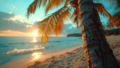 Fototapeta premium Sunset on the beach with a focus on palm tree. Palm tree closeup on sandy tropical beach as the waves are crashing and the sun is shining. Exotic vacation and blue skies