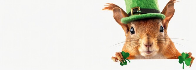 Cute happy squirrel wearing a lucky green hat and holding a banner. st patrick's day concept - obrazy, fototapety, plakaty