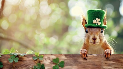 Cute happy squirrel wearing a lucky green hat and holding a banner. st patrick's day concept - obrazy, fototapety, plakaty
