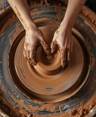 Hands Shaping Clay on Pottery Wheel