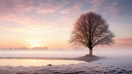 Fototapeta na wymiar Morning mist in a wintry Dutch polder landscape