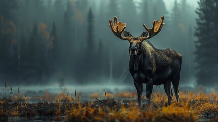 Moose standing in atmospheric dense fog. Forest Mountain wildlife. Elk. Deer.