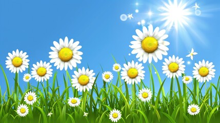 Daisies in the grass against a background of blue sky and bright sun. Summer floral card, banner