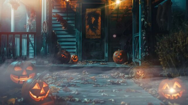 House with pumpkins halloween atmosphere animation video looping motion