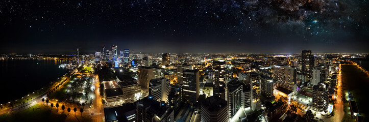 Panoramic night view of Downtown Perth from drone viewpoint