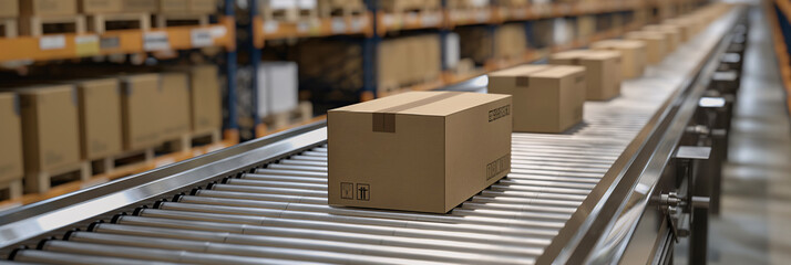 Cardboard Boxes on Conveyor Belt in Distribution Warehouse