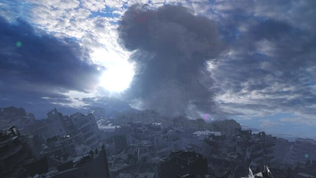 Nuclear explosion close to destroyed city, sunset aerial view, 
Cinematic view of Apocalyptic destroyed city and nuclear mushroom cloud,4K,2024
