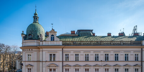 The Polish post office building in the Neo-Renaissance style. A beautiful, richly decorated tenement house. View from the castle terraces. Bielsko-Biala