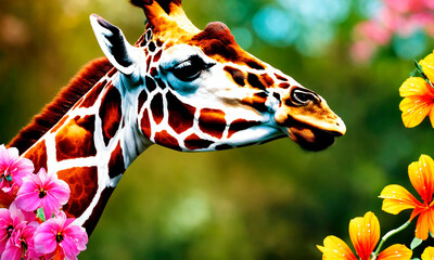portrait of a giraffe with flowers. Selective focus.