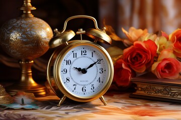 A vintage golden alarm clock with a shiny bell on a wooden table next to a flower bouquet and a...
