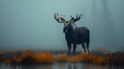 Moose standing in atmospheric dense fog. Forest Mountain wildlife. Elk. Deer.