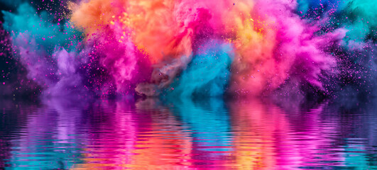 The image captures the dynamic explosion of colorful powders during the festival of Holi.