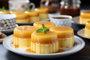 a flan on a plate with on top kitchen table professional advertising food photography