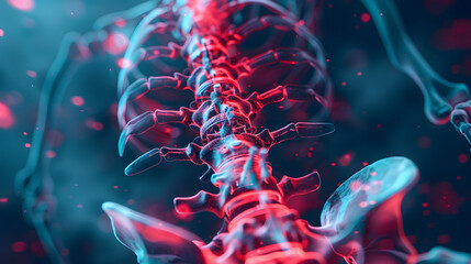Human Spine XRay 3D render, red and blue colors - obrazy, fototapety, plakaty