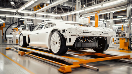 A luxury car being assembled in a modern automotive manufacturing plant with precision robotics and engineering technology.