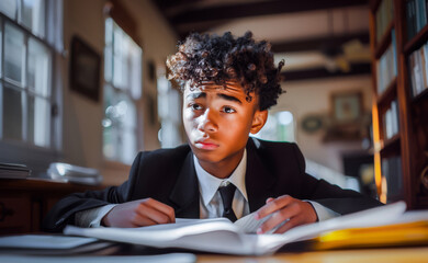 A serious young student studying hard in a library, surrounded by books, with a focused and determined expression.