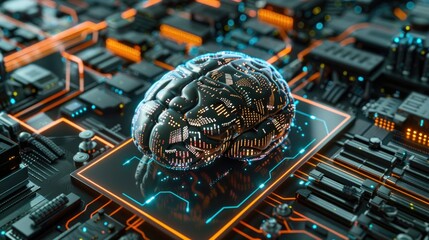 brain on a microchip, high tech computer. 
the computer chip with a brain is surrounded by different elements,