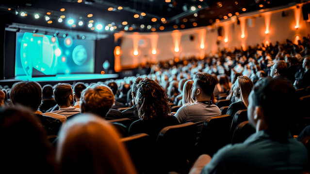Audience attentively listening to a presentation at a professional business conference in a large hall.