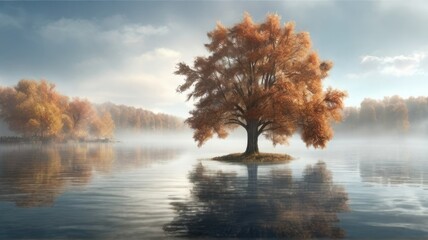 Naklejka na ściany i meble Autumn tree on the lake with fog. 3d render illustration, tree on the lake