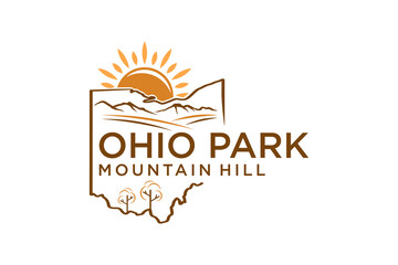 Ohio state map outline logo, with view of national park mountains and sunrise.