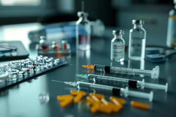 Medical syringes, vials, and pills on a stainless steel surface.