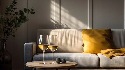 Glass of white wine on sofa with wooden armrest table - obrazy, fototapety, plakaty