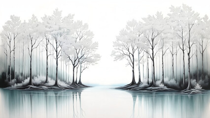 A landscape with trees and water