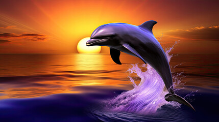 Dolphin leaping at sunset with ocean backdrop. Marine life and sunset charm concept for travel and tourism. Vibrant digital artwork for poster design