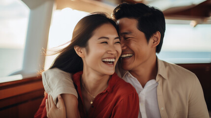 Fototapeta premium Smiling young asian couple enjoying holiday sailboat ride in summer