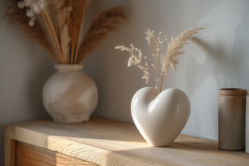 Stylish minimalist interior composition with a white heart-shaped vase with dry plants on a wooden dresser against a grey concrete wall. - obrazy, fototapety, plakaty