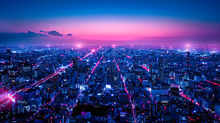 Urban Twilight: A Panoramic View of a City at Night, Where Lights Dance Among Skyscrapers, Crafting a Scene of Modern Beauty