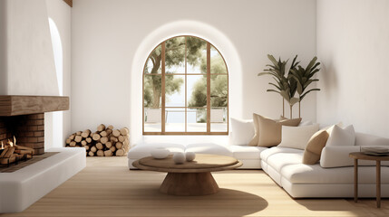 Fototapeta premium Stylish Living Room with Fireplace and Wood Log Storage Design