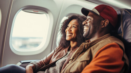 Black young couple travelling by plane, holiday vacation concept. AI Generated content - 750032374