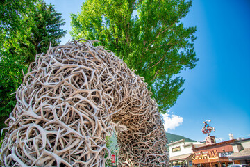 Jackson Hole, WY - July 12, 2019: Elk Antler Arches in Jackson Town Square, Wyoming