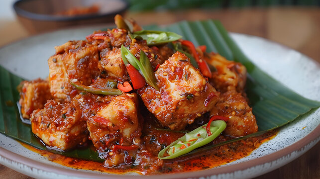 Spicy traditional sambal chicken on banana leaf