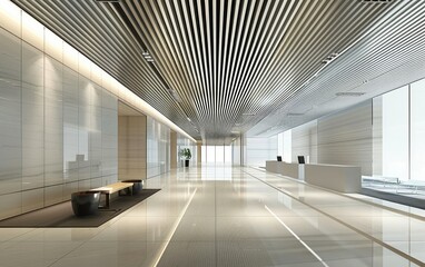 Modern office lobby with sleek design, reflective floor, and linear ceiling lights.