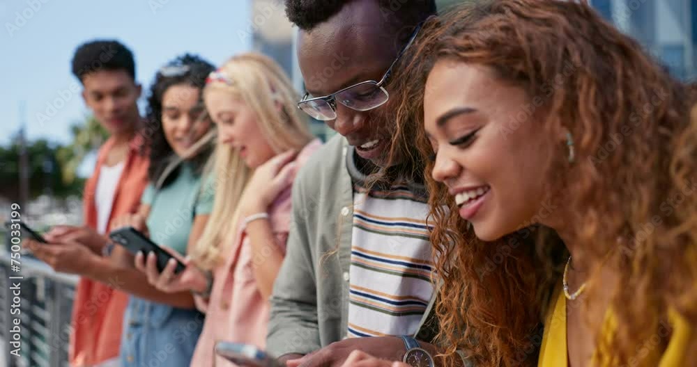 Poster group, students and smartphone for texting at university, mobile app and share with post, meme or we