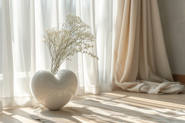 Stylish minimalist interior composition with white floor vase in the shape of a heart with plants on the background of the window and white curtain.