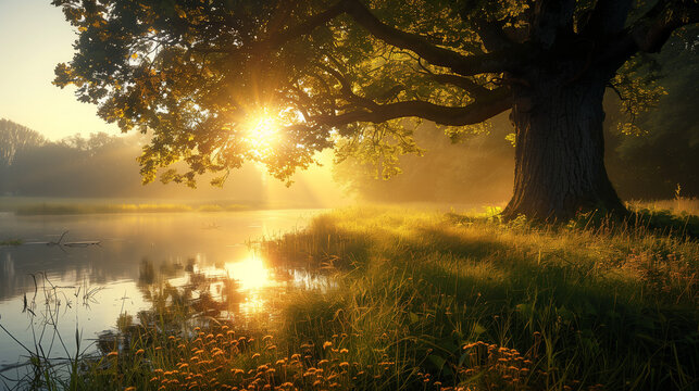 Sunrise casting golden light through an old oak tree by a calm lake.