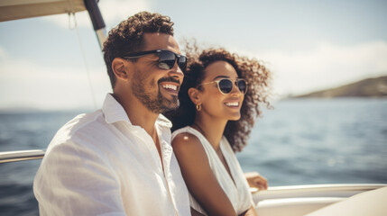 Smiling young mixed race couple enjoying sailboat ride on sunny summer day - obrazy, fototapety, plakaty