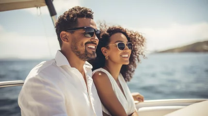 Rolgordijnen Smiling young mixed race couple enjoying sailboat ride on sunny summer day © dvoevnore