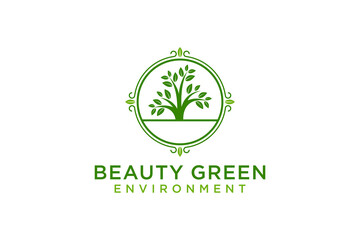Plant nature green tree logo design rounded circle shape, eco leaf illustration environment.