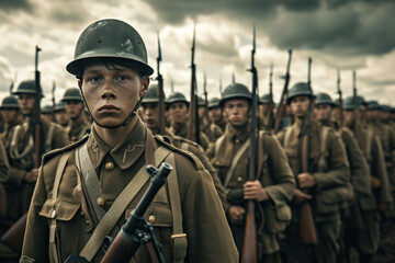 Military officers standing in front of armed soldiers ready for combat training on a sunny day