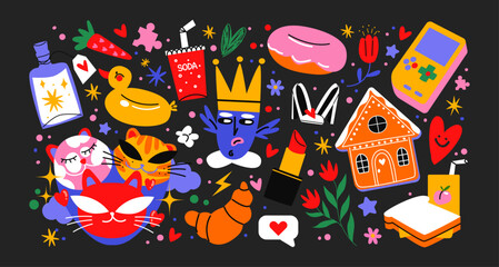 Cartoon doodle groovy stickers set. 90s cute design. Animals, flowers, tetris, sweets, characters. Retro hippie acid set. Trendy patches, labels, tags, stickers, stamps