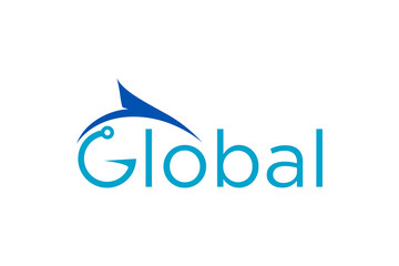 Fishing logo with elements of fish fins and fishing hook. Global letter typography.