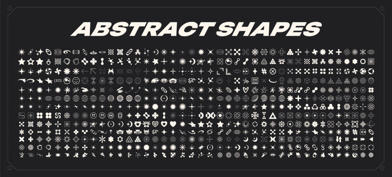 Retro Y2K futuristic 500 elements for design. Big collection of abstract graphic geometric symbols and objects. Templates for notes, posters, banners, stickers, business cards, logo