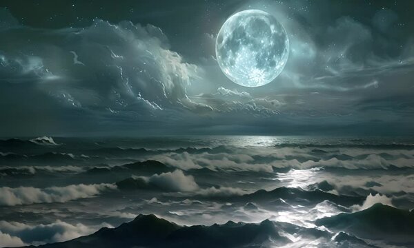 Night sea with a large moon and clouds, reflecting in the water. The concept of mystery and tranquility.