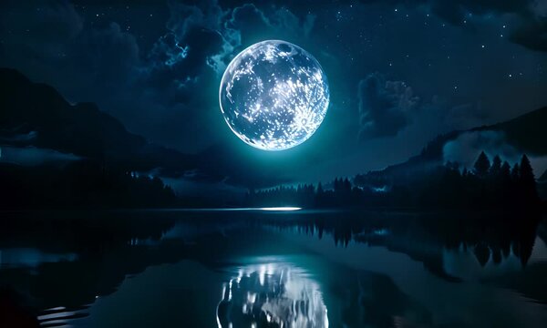 Night landscape with a large moon reflecting in the lake and mountains in the background. The concept of silence and mystery.